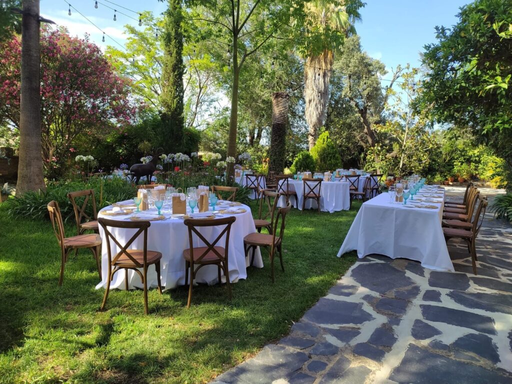 Catering preparado al aire libre con con suelo de césped y con mucha vegetación alrededor, decorado y preparado por machaco catering